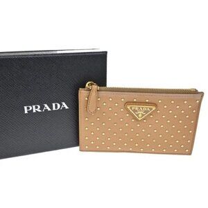 PRADA Logo Zipper Fragment Coin Case Wallet Studs Leather Brown Italy 30RL648